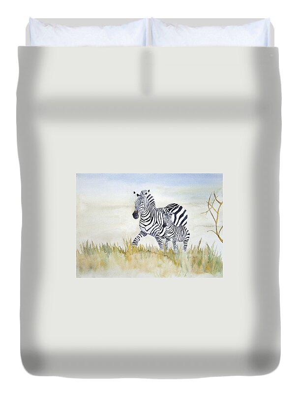 Zebra Duvet Cover featuring the painting Zebra Family by Laurel Best