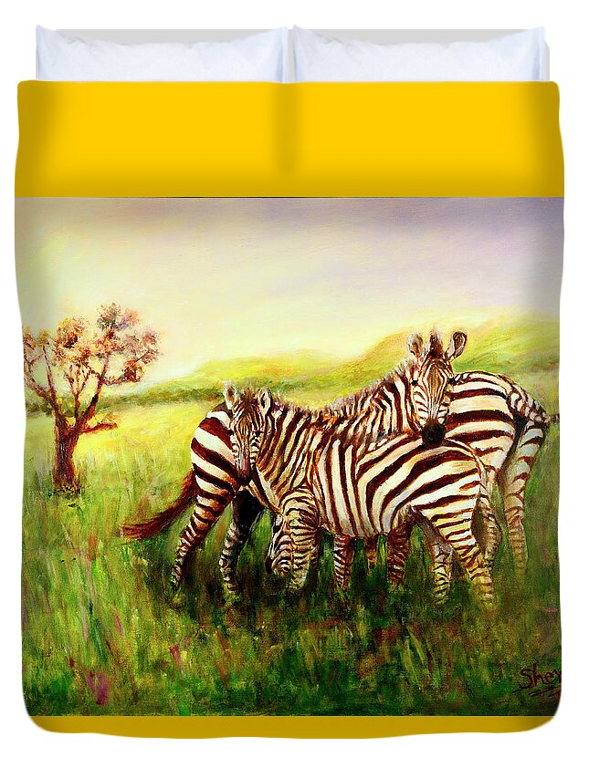 Zebra Duvet Cover featuring the painting Zebras at Ngorongoro Crater by Sher Nasser