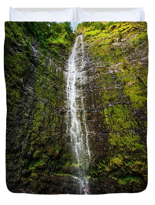 Waimoku Falls Duvet Cover featuring the photograph Zen Falls by Jamie Pham