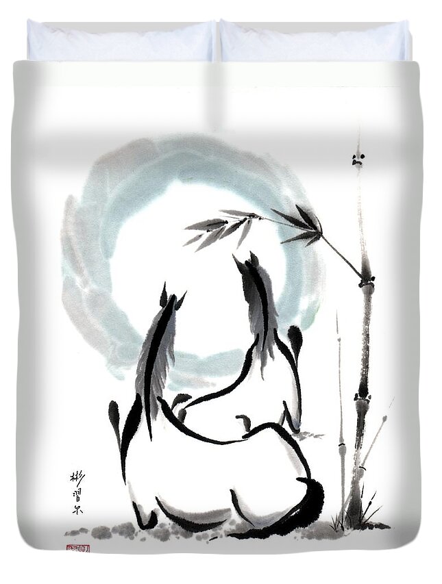 Chinese Brush Painting Duvet Cover featuring the painting Zen Horses Into the Vortex by Bill Searle