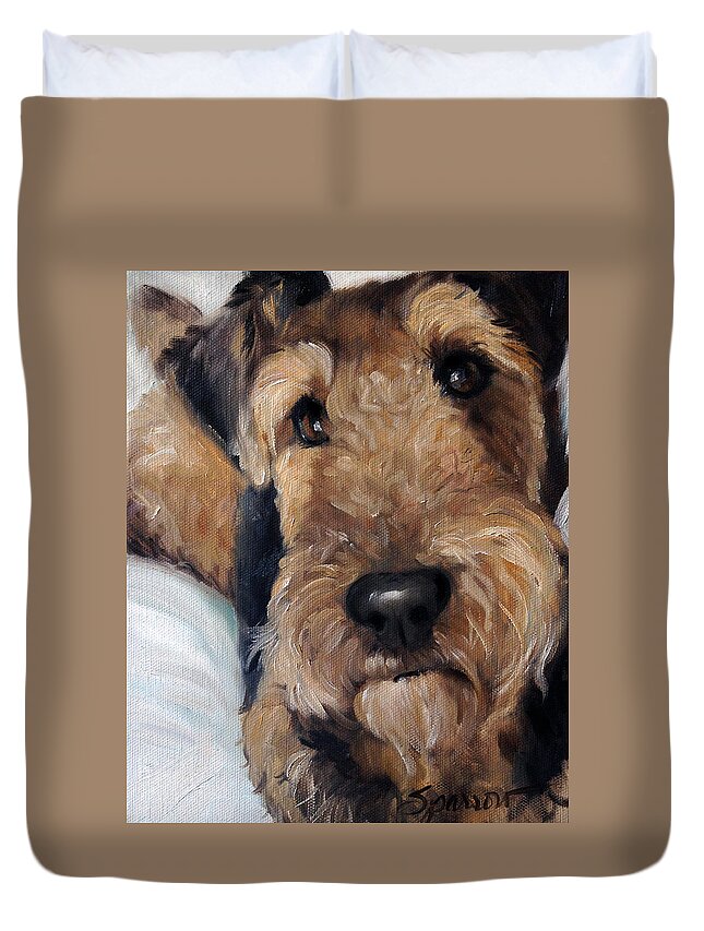 Airedale Duvet Cover featuring the painting Zeta by Mary Sparrow