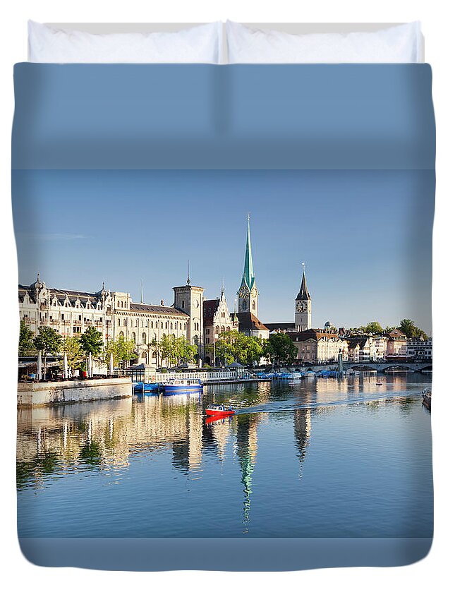 Zurich Duvet Cover featuring the photograph Zurich And River Limmat by Jorg Greuel