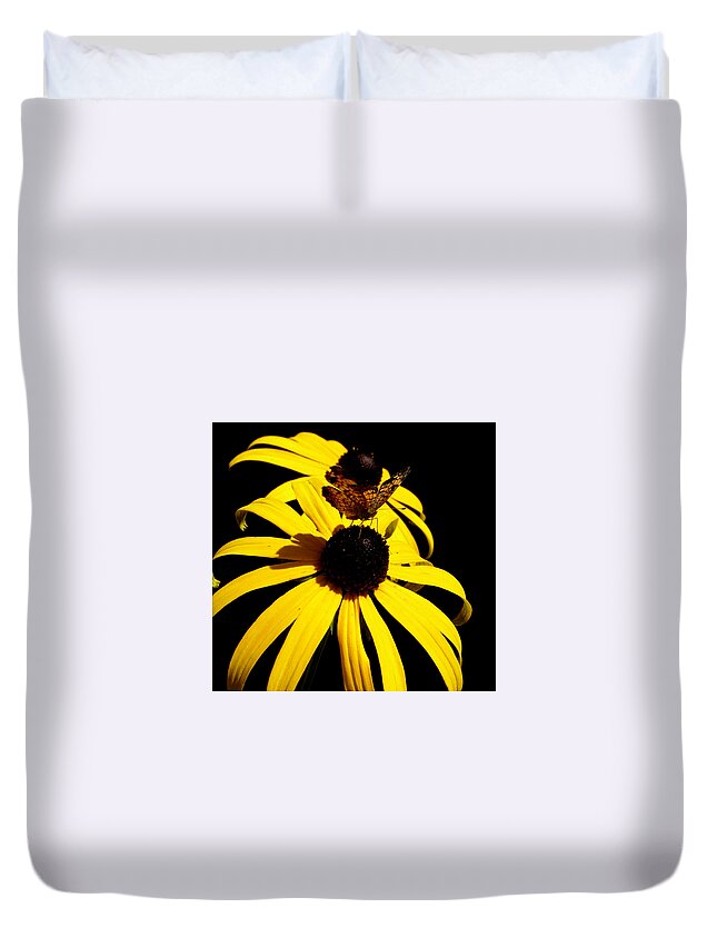 Butterfly Duvet Cover featuring the photograph Frantilly Butterfly On A Black Eyed Susan by Kim Galluzzo