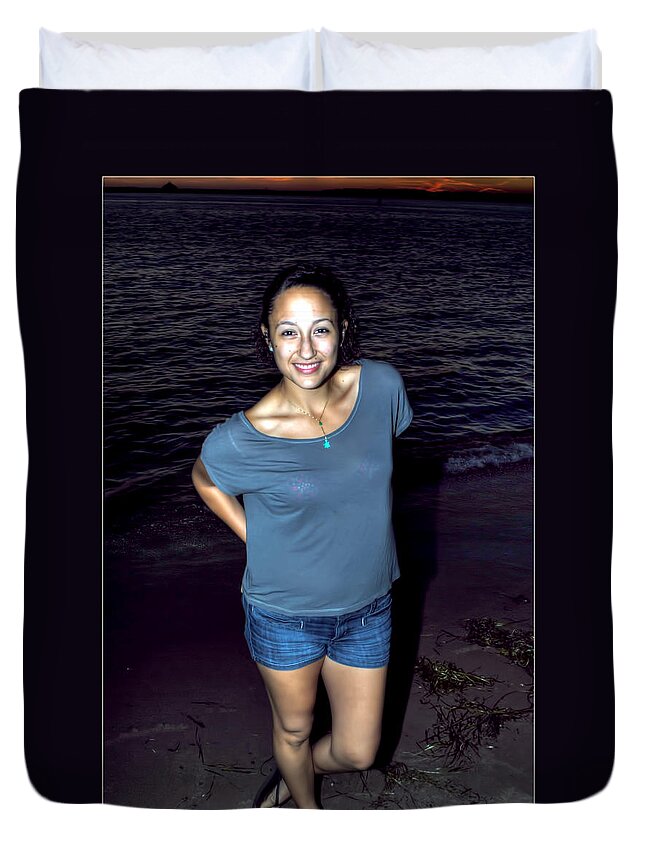  Duvet Cover featuring the photograph 002 A Sunset with Eyes that Smile Soothing Sounds of Waves for Miles PORTRAIT Series by Michael Frank Jr
