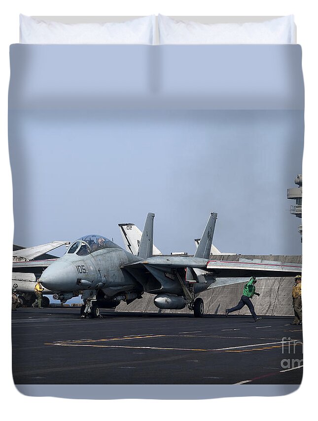 Grumman Duvet Cover featuring the photograph An F-14d Tomcat In Launch Position #1 by Gert Kromhout