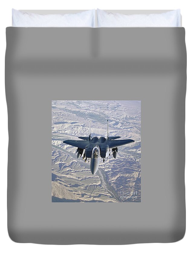 Color Image Duvet Cover featuring the photograph An F-15e Strike Eagle Soars #1 by Stocktrek Images