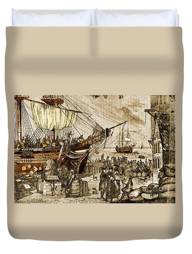 History Duvet Cover featuring the photograph Boston Tea Party, 1773 #4 by Photo Researchers