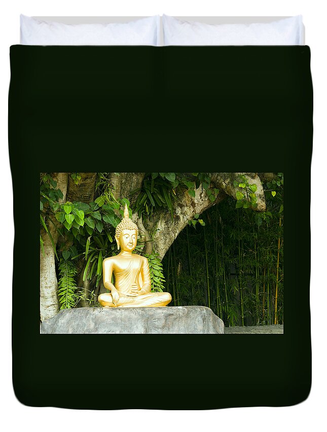 Beautiful Duvet Cover featuring the photograph Buddha statue under green tree in meditative posture #1 by U Schade