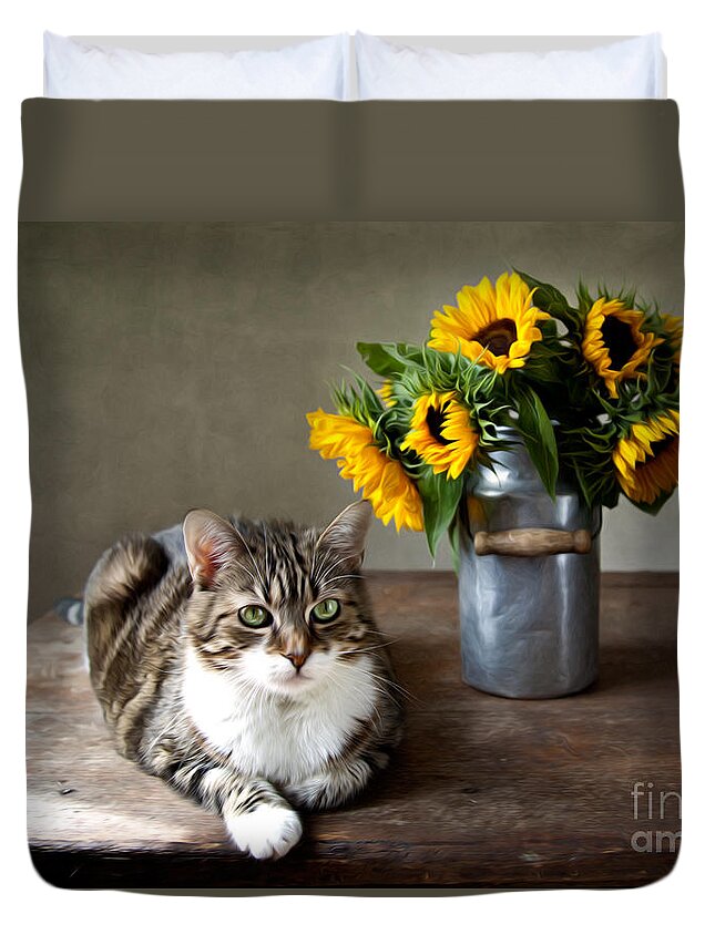 Cat Duvet Cover featuring the photograph Cat and Sunflowers by Nailia Schwarz