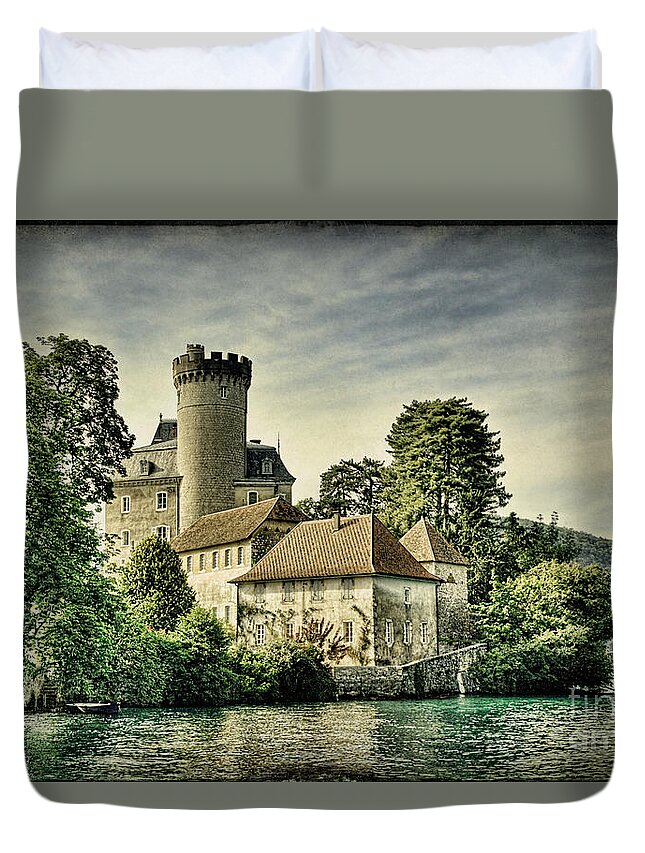 Annecy Duvet Cover featuring the photograph Chateau on the Lake at Annecy #1 by Ann Garrett