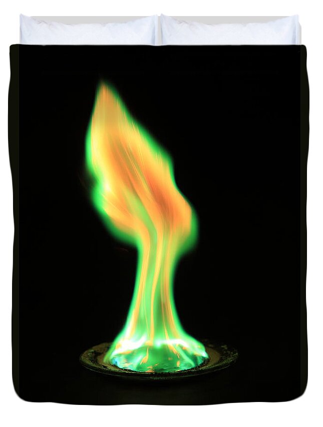 Copper(ii) Chloride Duvet Cover featuring the photograph Copperii Chloride Flame Test #1 by Ted Kinsman