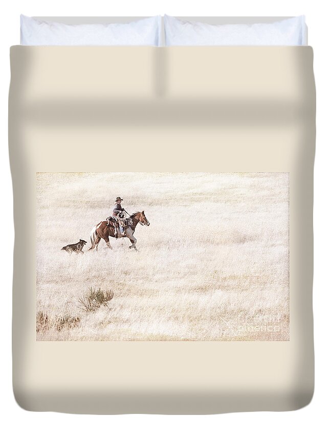 Cowboy Duvet Cover featuring the photograph Cowboy and Dog #1 by Cindy Singleton