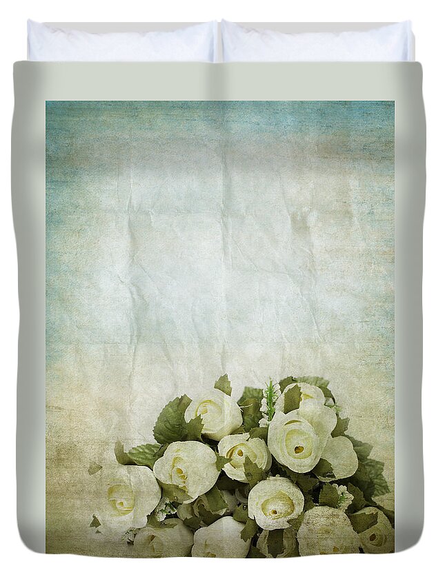 Abstract Duvet Cover featuring the photograph Floral Pattern On Old Paper #1 by Setsiri Silapasuwanchai