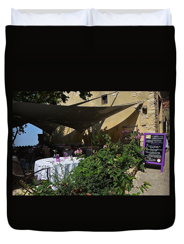 Advertisement Duvet Cover featuring the photograph French restaurant #1 by Dany Lison