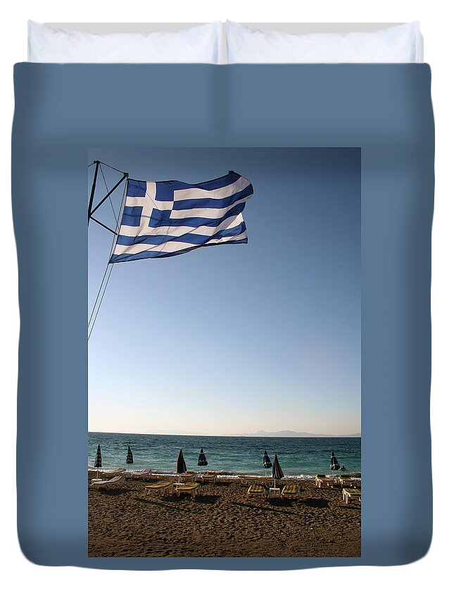 Greece Duvet Cover featuring the photograph Greek Flag over Sandy Beaches #1 by La Dolce Vita