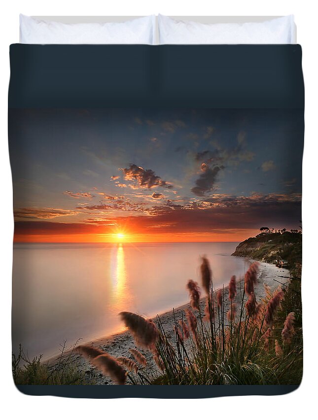 Sunset Duvet Cover featuring the photograph Sunset at Swamis Beach 2 by Larry Marshall