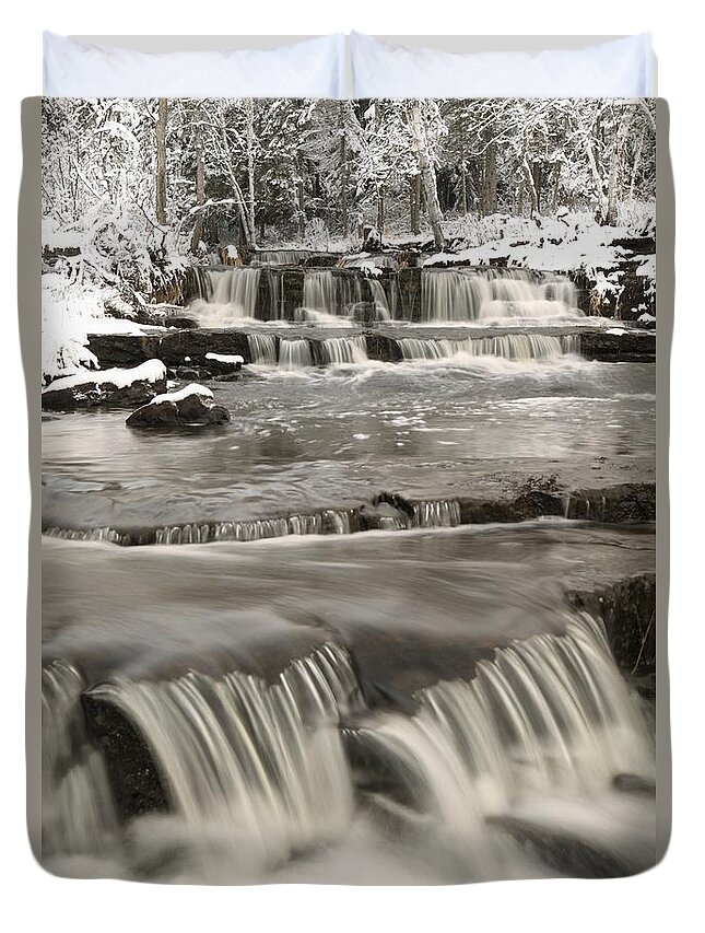 Cascade Duvet Cover featuring the photograph Waterfalls With Fresh Snow Thunder Bay #1 by Susan Dykstra