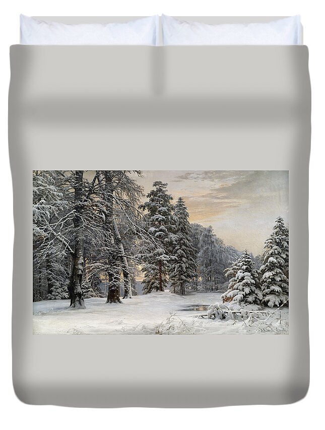 Forest Duvet Cover featuring the painting Winter Landscape At Early Morning #1 by Anders Andersen-Lundby 