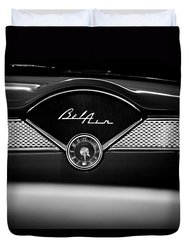 1955 Bel Air Duvet Cover featuring the photograph 1955 Chevy Bel Air Glow Compartment in Black and White by Sebastian Musial
