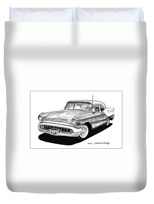 See This Artwork Of A 1957 Oldsmobile Super 88 By Jack Pumphrey At The 2017 Oldsmobile National Meets In Albuquerque Duvet Cover featuring the painting Oldsmobile Super 88 by Jack Pumphrey
