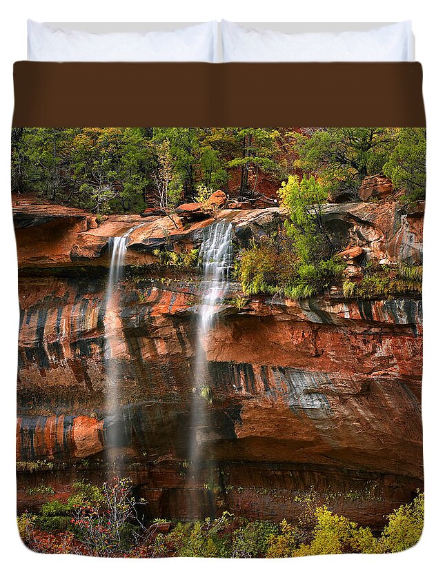00175127 Duvet Cover featuring the photograph Cascades Tumbling 110 Feet At Emerald #2 by Tim Fitzharris