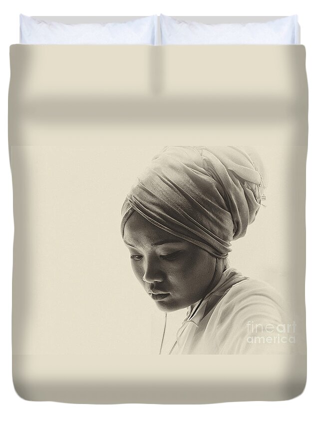 Pensive Young Woman Duvet Cover featuring the photograph Deep in thought by Sheila Smart Fine Art Photography
