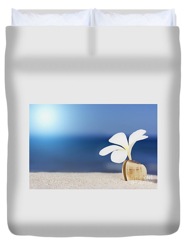 Plumeria Duvet Cover featuring the photograph Seashell and flower on the beach #2 by MotHaiBaPhoto Prints