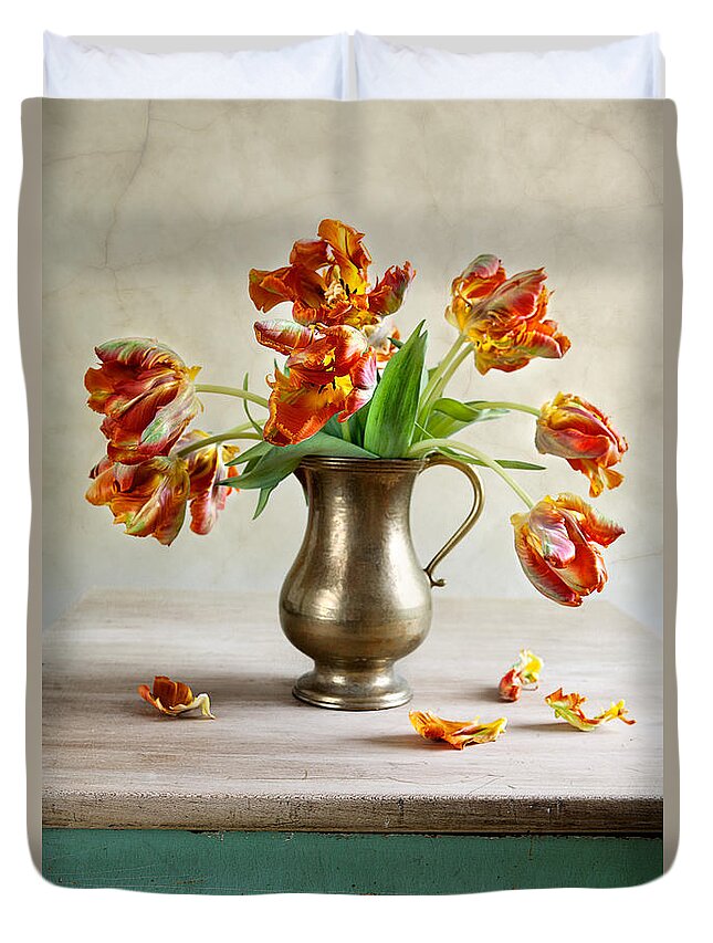 Petals Duvet Cover featuring the photograph Still Life with Tulips by Nailia Schwarz