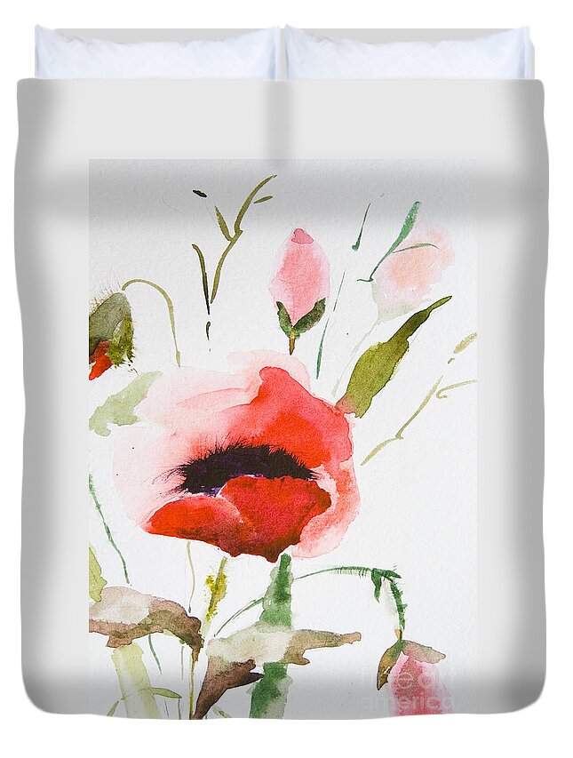 Art Duvet Cover featuring the painting Watercolor Poppy flower #2 by Regina Jershova
