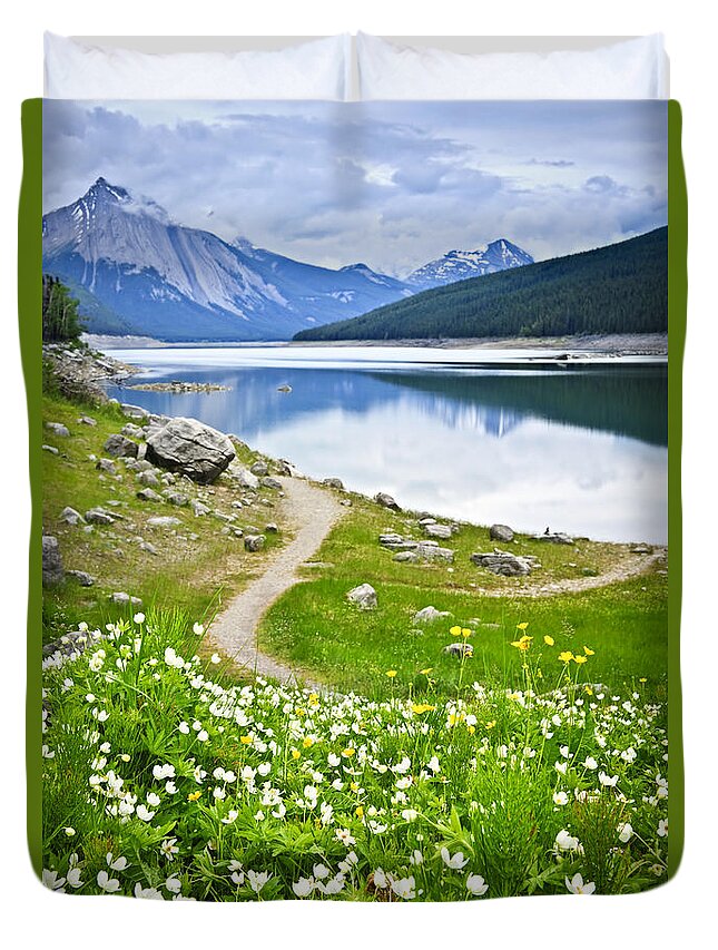 Jasper Duvet Cover featuring the photograph Mountain lake in Jasper National Park 3 by Elena Elisseeva