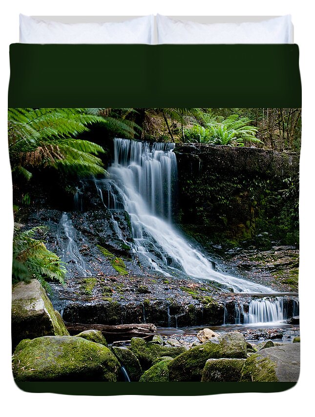Adventure Duvet Cover featuring the photograph Waterfall in deep forest #5 by U Schade