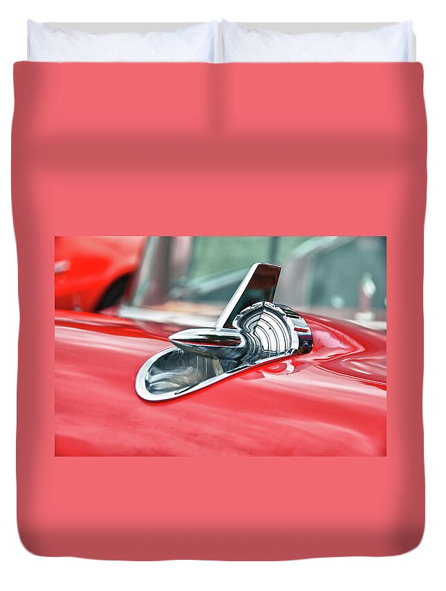 1957 Chevy Hood Ornament Duvet Cover featuring the photograph 57 Chevy Hood Ornament 8509 by Guy Whiteley