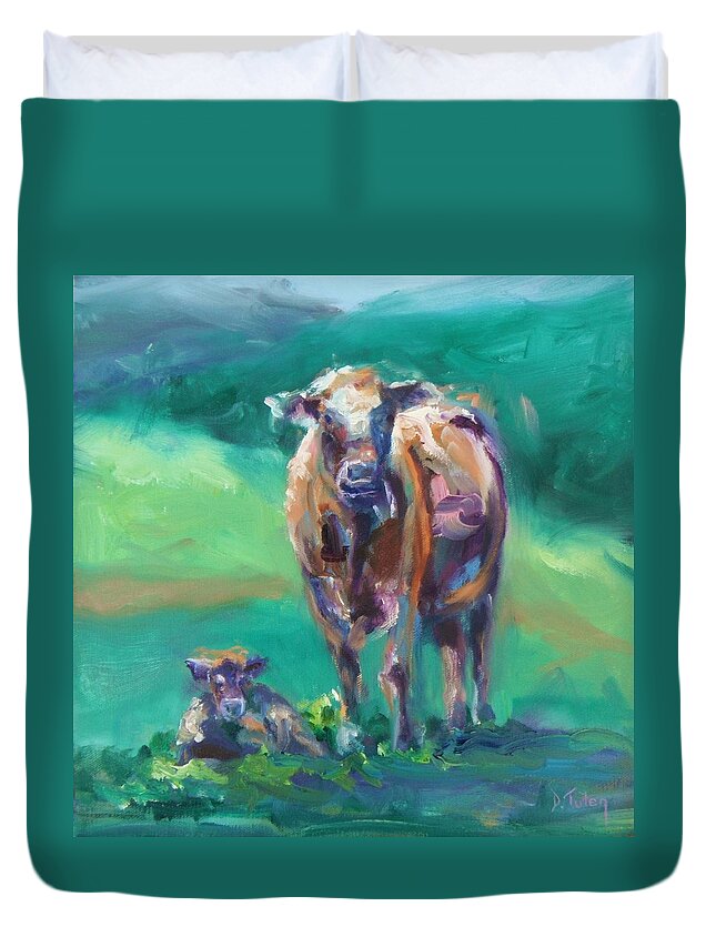 Donna Tuten Duvet Cover featuring the painting A Cow and Her Calf by Donna Tuten