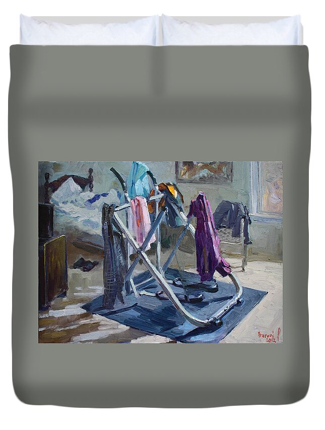 Bedroom Duvet Cover featuring the painting A Single Guy Bedroom by Ylli Haruni