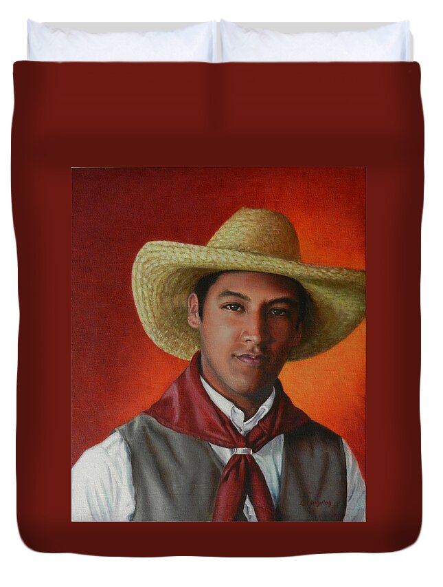 Portrait Duvet Cover featuring the painting A smile from the Andes, Peru Impression by Ningning Li