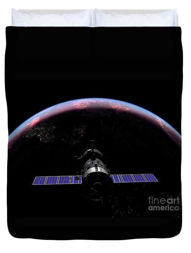 Space Exploration Duvet Cover featuring the digital art A Soyuz Tma-m Spacecraft Soars Over Teh by Walter Myers