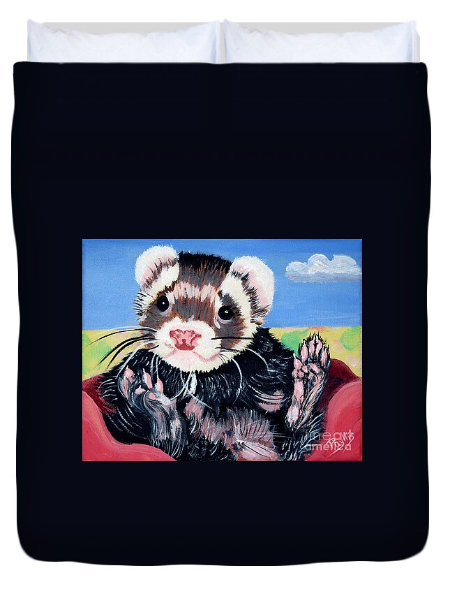 Red Pet Bed Duvet Cover featuring the painting Adorable Ferret by Phyllis Kaltenbach