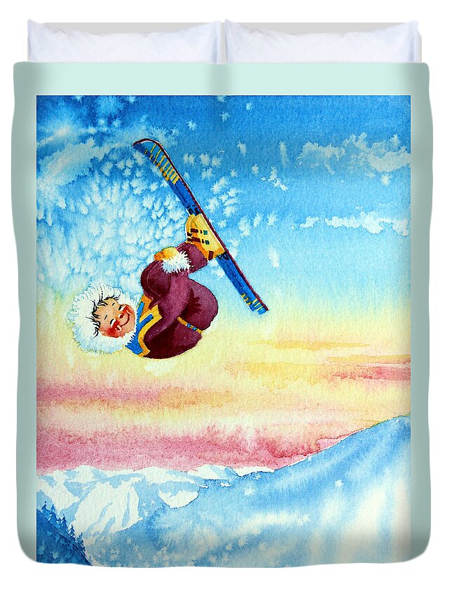 Kids Art For Ski Chalet Duvet Cover featuring the painting Aerial Skier 13 by Hanne Lore Koehler
