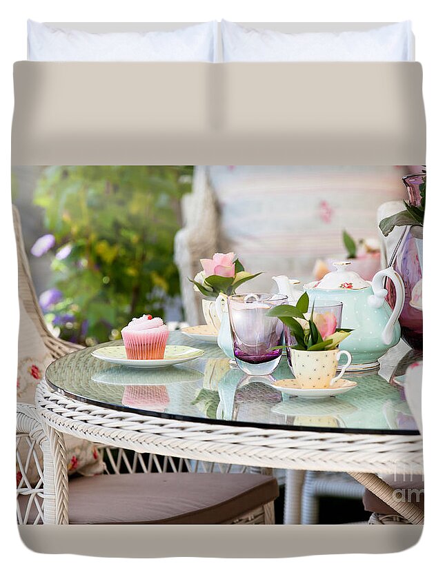 Dining Duvet Cover featuring the photograph Afternoon tea and cakes by Simon Bratt