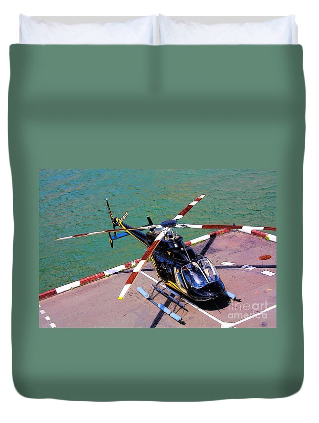 Helicopter Lift Off Take Off Flying Hovering Rogerio Mariani Digital Art Photoart Artist Duvet Cover featuring the mixed media Airborne by Rogerio Mariani