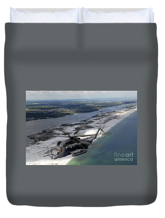 Aerial View Duvet Cover featuring the photograph An Mh-53 Pave Low Flies by Stocktrek Images