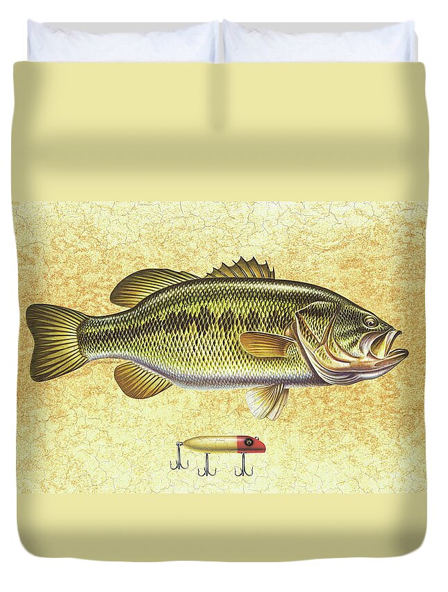 Bass Duvet Cover featuring the painting Antique Lure and Bass by JQ Licensing