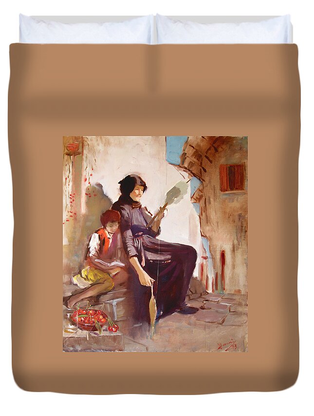 At The Doorstep Duvet Cover featuring the painting At the Doorstep by Ylli Haruni