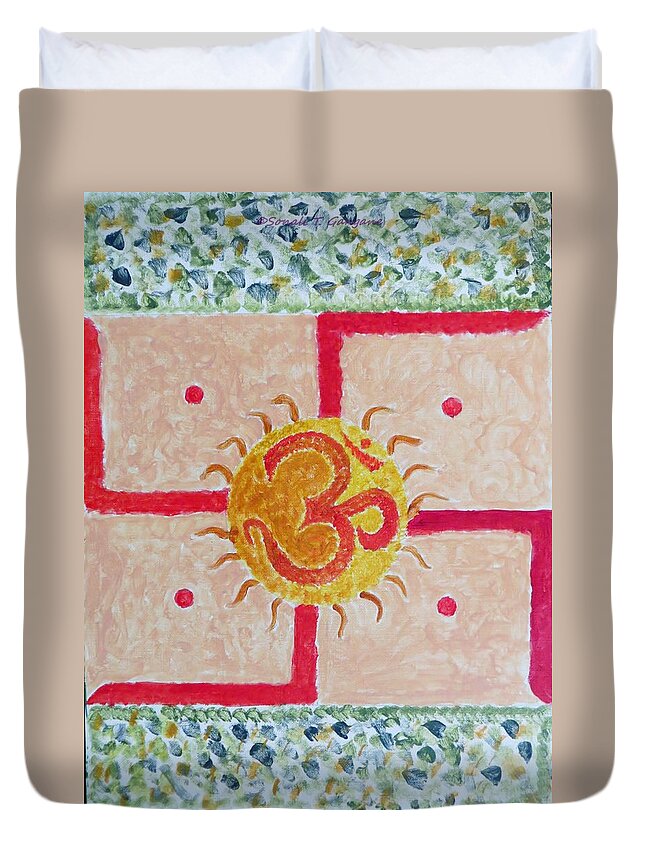 Sacred Symbol Duvet Cover featuring the painting AUM Swastik by Sonali Gangane