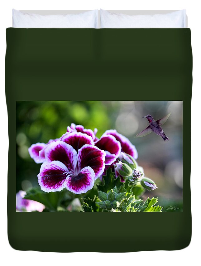 Azalea Duvet Cover featuring the photograph Azalea with Hummingbird by Diana Haronis