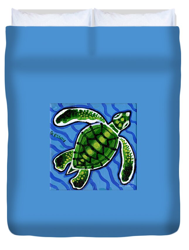 Sea Turtle Duvet Cover featuring the painting Baby Green Sea Turtle by Genevieve Esson