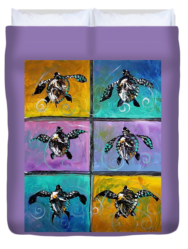 Sea Turtles Duvet Cover featuring the painting Baby Sea Turtles Six by J Vincent Scarpace