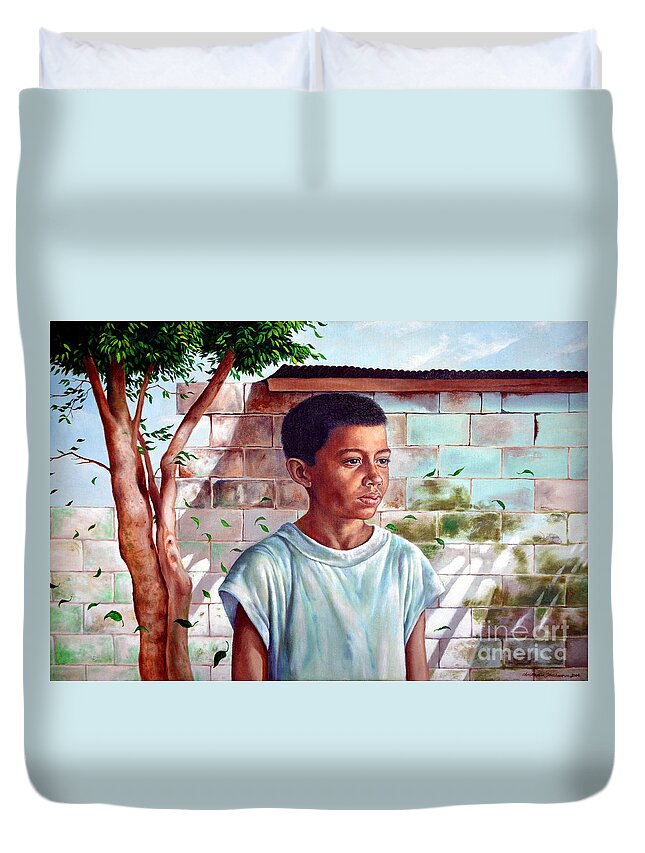 Bata Duvet Cover featuring the painting Bata the Filipino Child by Christopher Shellhammer