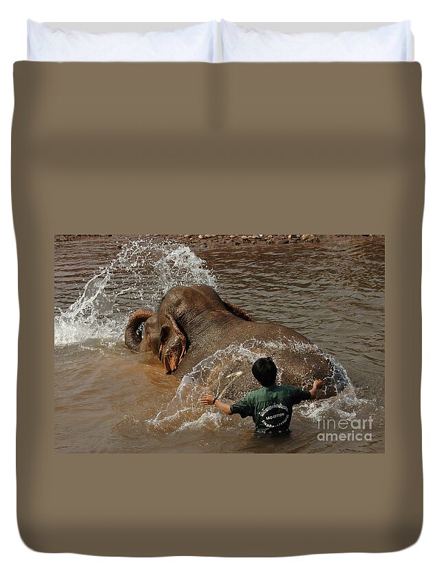 Reverse Duvet Cover featuring the photograph Bath Time In Laos by Bob Christopher