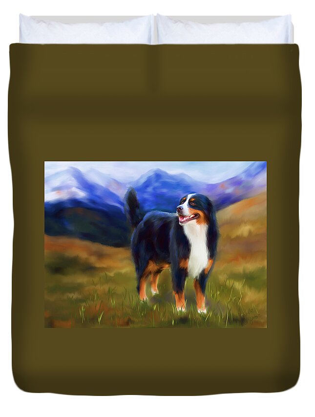 Dog Duvet Cover featuring the painting Bear - Bernese Mountain Dog by Michelle Wrighton